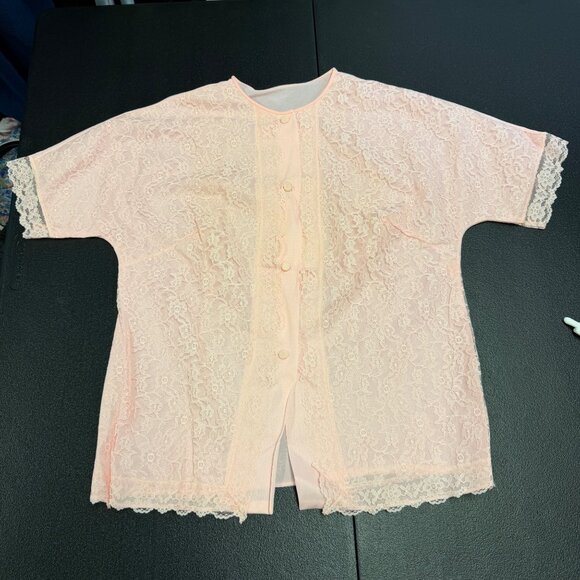 VTG Pink Lace Pajama Set Womens Size 32 Nylon 2-Piece Sleepwear Short Sleeve - Picture 9 of 13